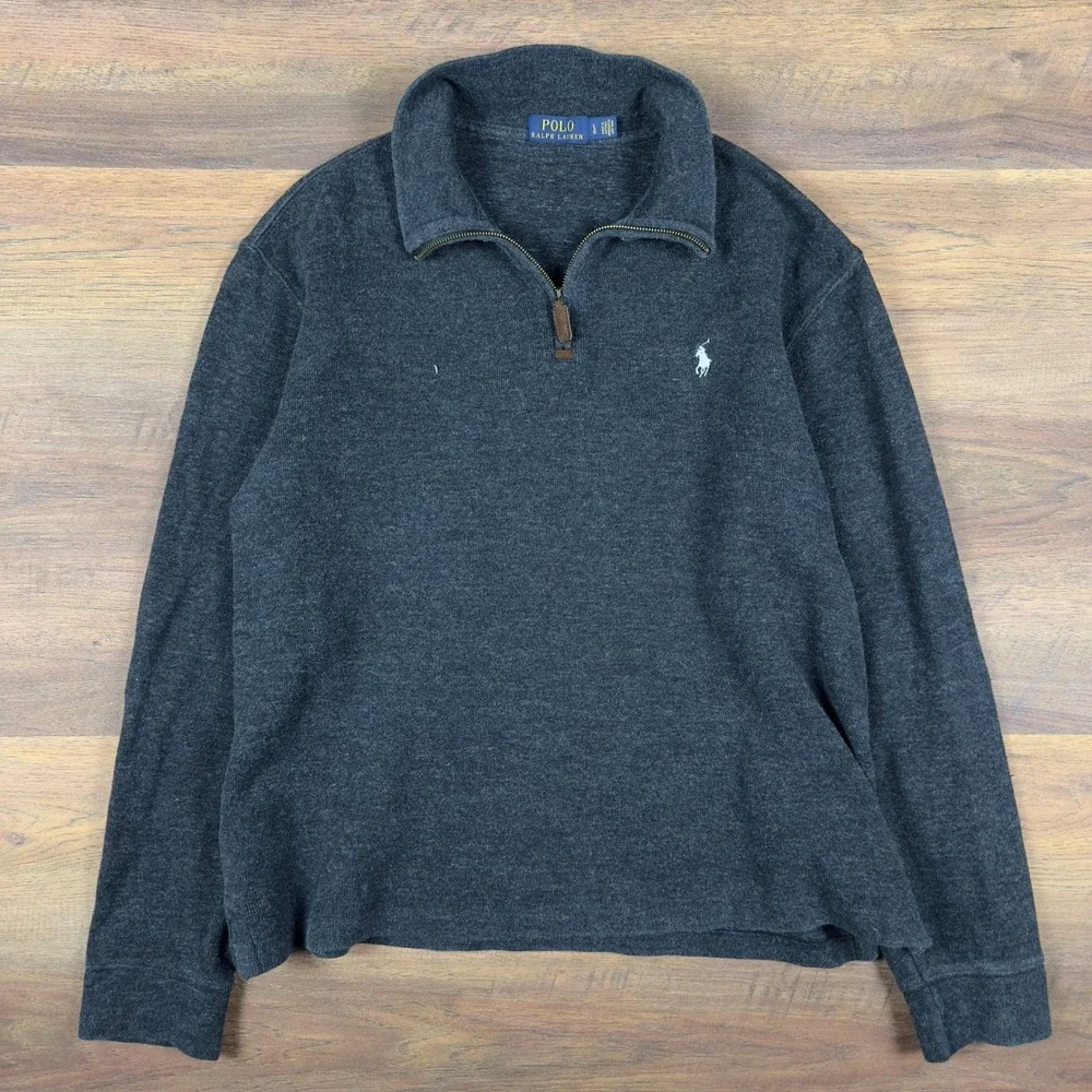 Polo Ralph Lauren‎ Mens Large Charcoal Gray Heather Quarter Zip Pullover Sweater